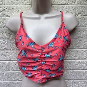 CUPSHE Sz XL Coral Salmon & Blue Floral Bikini Swim Top Halter Lace Up Back •VG‼